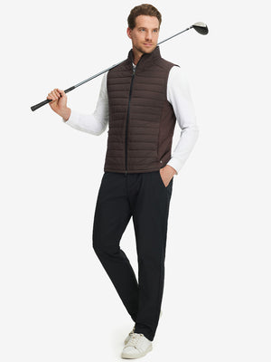 Model wearing Lightweight Water Resistant Puffer Vest in coffee brown, holding golf club
