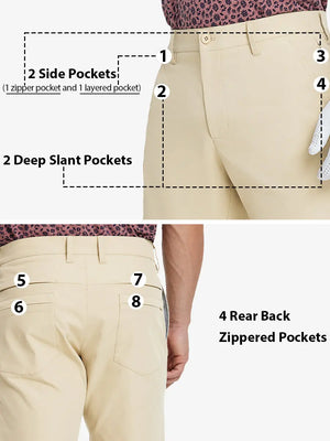Detail view highlighting all 8 pockets front and back on LIGHT KHAKI Water Resistant Versatile 8 Pockets Shorts.