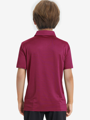Back half-body view of youth wearing red stripe performance cooling polo, showing rear design