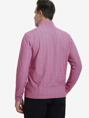 Back upper body view of full print lightweight quarter zip pullover, showing pattern and red navy flower tone