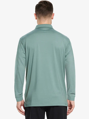 Back half-body view of model wearing BERYL GREEN Long Sleeve Solid Jersey Polo