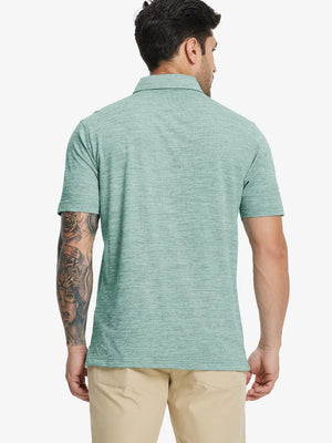 Back half-body view of model in GREEN HEATHER Premium Stretch Heather Polo.