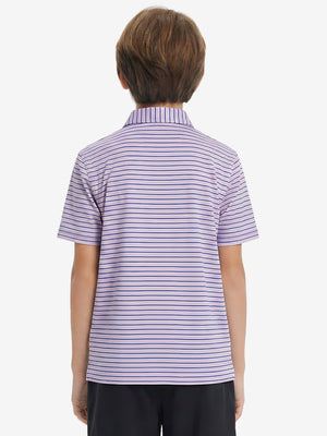 Back upper body view of youth performance golf polos, showing shape and smooth light pink/cobalt  finish