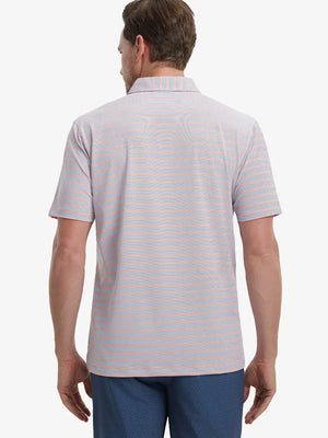 Back view of model in Navy Red Stripe Performance Stripe Golf Shirt
