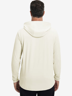 Back upper body view of the dry fit stretchy hoodie in cream, simple cut and relaxed posture.