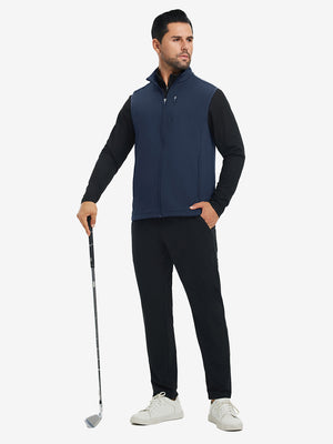 Lifestyle shots of water-resistant fleece golf vests in navy, worn while holding golf clubs