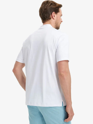 Back half-body view wearing Everyday Collarless Jersey Shirt in White.