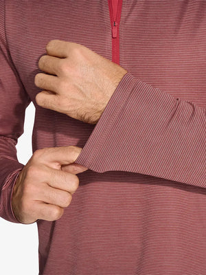 Close-up of cuff on Pinstripe Quarter Zip Pullover, showing stretch and construction – BRICK MELANGE