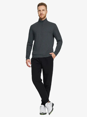 Full-body front view on model wearing DARK GREY HEATHER Quarter Zip Melange Pullover, casual sporty look.