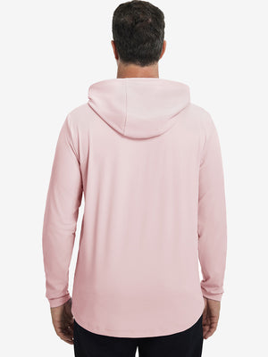 Back upper body view of the dry fit stretchy hoodie in light pink, simple cut and relaxed posture.