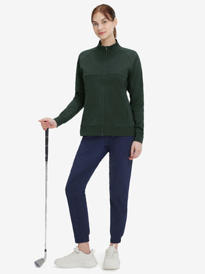 Women's Water-Resistant Stretch Fleece Lined Jacket in forest green, model holding golf club 