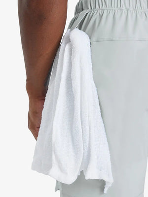 Side view showing towel loop detail on GLACIER GREY 2 in 1 Running Sports Shorts with Liner