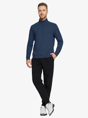 Full-body front view on model wearing COBALT HEATHER Quarter Zip Melange Pullover, casual sporty look.