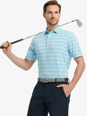Model in ICED AQUA STRIPE Golf Polo holding club — dynamic front half-body pose
