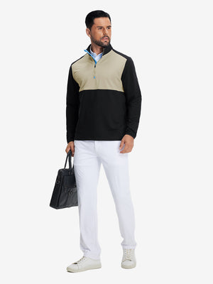 Full body model with briefcase in Fleece lined golf quarter zip, modern black/grey style