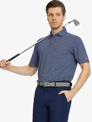 Model holding golf club in NAVY Elegant Performance Jacquard Polo, front half-body view