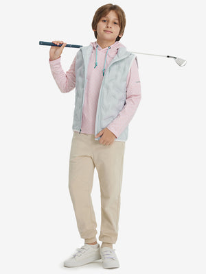 Lifestyle shots of boys full-zip fleece-lined puffer vest in light grey