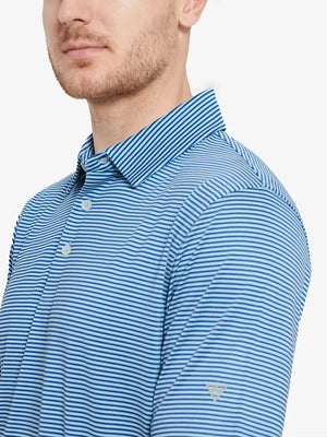Model in AQUA STRIPE shirt, front view from nose to chest, subtle aqua lines for a fresh golf look