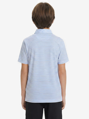 Back upper body view of youth performance golf polos, showing shape and smooth white/light blue finish