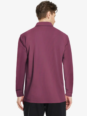 Back half-body view of model wearing BORDEAUX RED Long Sleeve Solid Jersey Polo