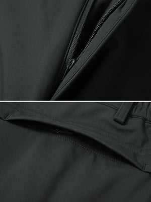 Zipper detail shot of grey thermal water repellent fleece dress pants