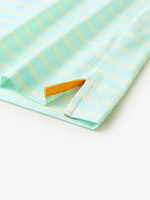 Close-up of side hem slit on Aqua Blue Yellow Stripe Performance Stripe Golf Shirt
