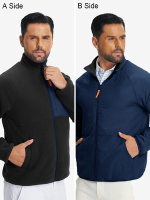 The model showcases a black reversible fleece jacket with 5 pockets, highlighting its two-in-one reversible design.