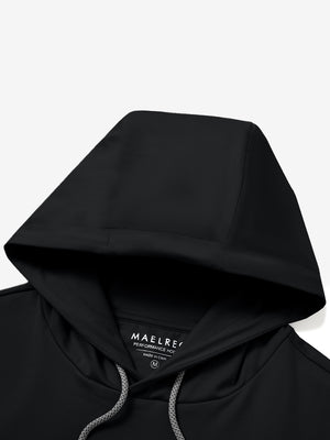 Detailed shot of hoodie and collar connection on casual solid fleece hoodies pullover in black