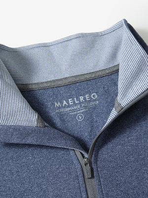 Collar detail close-up of NAVY MELANGE Moisture Wicking Quarter Zip Pullover showing open design.