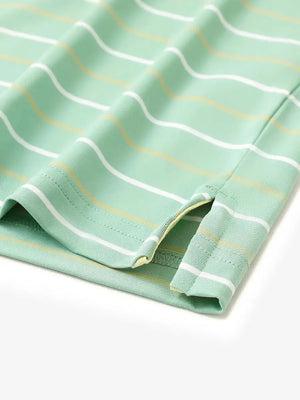 Hem slit detail of LIGHT GREEN STRIPE Kids Stylish Stripe Polo Shirt, highlighting finish and stitching.