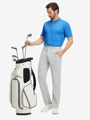Full front: model in blue wave dolphin stretch printed collarless henley golf shirts holding golf club.