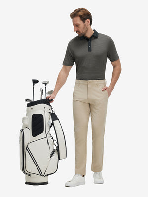 Full front: model in black stripe upgraded two-tone striped quick dry polo shirt holding golf bag.