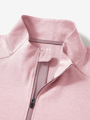 Close-up collar detail of pink two tone pique cotton blend q-zip with subtle logo