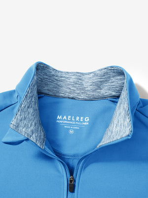 Close-up of collar and zipper on Fleece lined golf quarter zip in refined sky blue