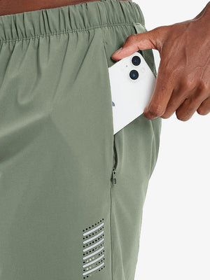 Side pocket detail with iPhone inserted on OLIVE GREEN 2 in 1 Running Sports Shorts with Liner