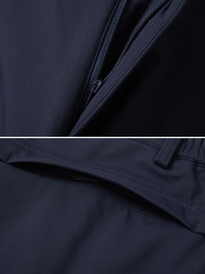 Zipper detail shot of navy thermal water repellent fleece dress pants