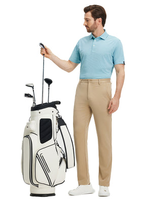 Full-body shot of a model holding a golf club, wearing the aqua feather weight jacquard polo shirts and pants