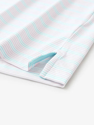 Close-up of side hem slit on Light Pink Aqua Blue Stripe Performance Stripe Golf Shirt