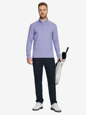 Man wearing Heather Pinstripe Brushed Dry Fit Quarter Zip Pullover in lavender heather, holding golf club on course