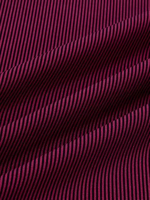 Close-up fabric view of long sleeve pinstripe jersey polo, smooth knit with subtle maroon stripe stripes