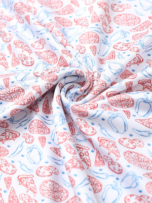 Close-up of white pizza performance jersey print polo fabric showing breathable texture and vibrant pattern details.
