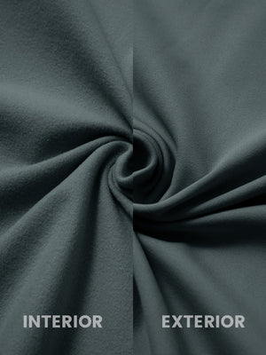 Close-up of inside and outside fabric of lightweight casual fleece jacket with 5 pockets in dark grey.