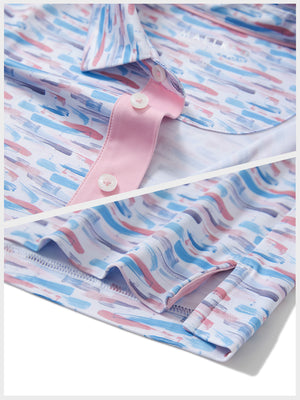 Detail shot of collar and hem of colorful graffiti performance quick dry print golf polos