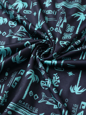 Fabric detail of Stylish print boys polo shirts with soft feel and navy ocean beach pattern