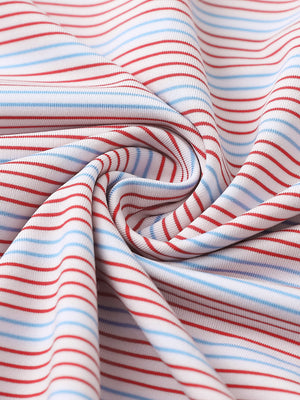Fabric close-up of Performance stripe golf shirts with breathable weave in red blue stripe