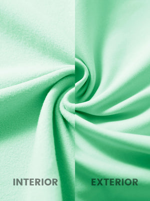 Close-up of the inner and outer fabric of kids soft lightweight fleece lined jacket in turquoise.