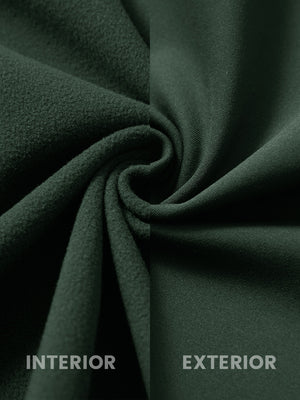 Close-up of the inner and outer fabric of kids soft lightweight fleece lined jacket in forest green.