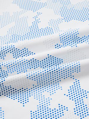 Full print lightweight quarter zip pullover, close-up of smooth fabric with detailed print in sky blue camo