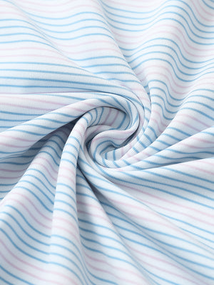 Close-up fabric detail of performance stripe golf shirts, breathable texture with soft blue pink stripe finish