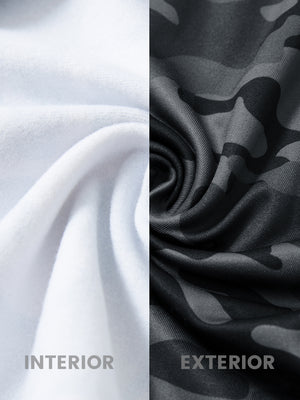 Fabric close-up of trendy print fleece hoodies, plush texture with warm dark camouflage feel